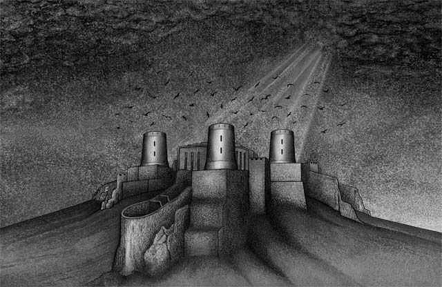 castle illustration; charcoal & pastel