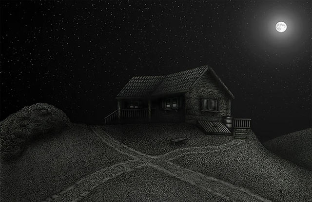 hiša na hribu; ilustracija